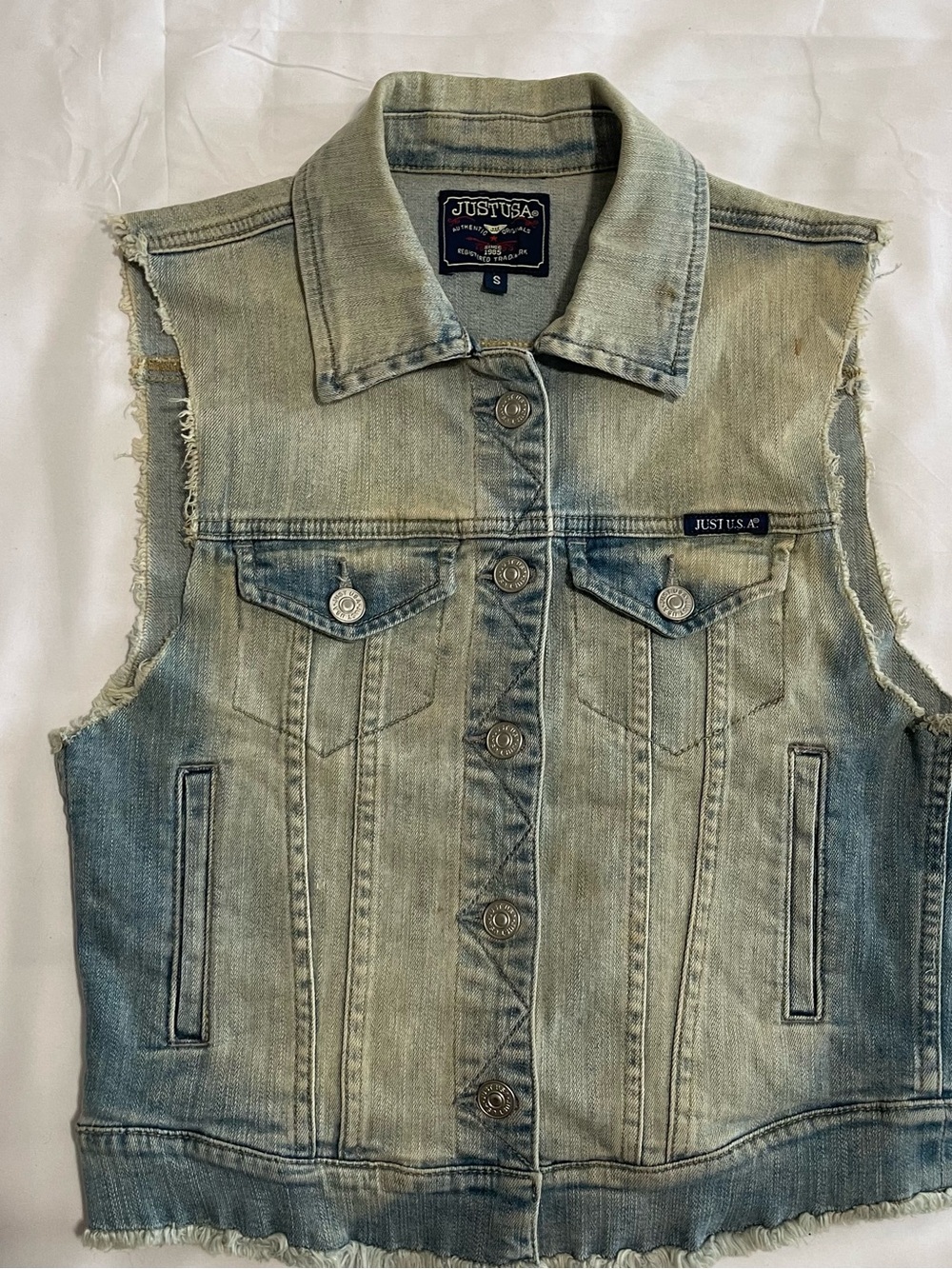 Just USA Faded Blue Denim Vest with Frayed Sleeves